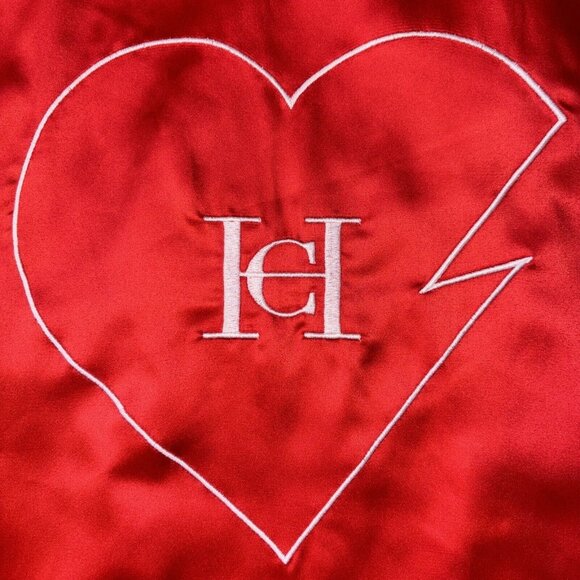 Carolina Herrera Good Gild Custom Red Polyester Bomber Jacket Zip Pockets Sz M/L - Picture 12 of 16